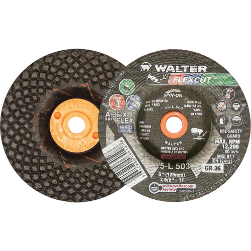 Meules &agrave; moyeu d&eacute;port&eacute; Flexcut, 5", 36 Grain, Oxyde d'aluminium, 5/8"-11, 12 200 Tr/min, Type 29 - Walter Technologies Pour Surface 15L503