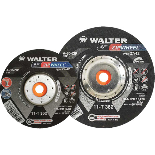Meules &agrave; tronçonner renforc&eacute;es Zipcut vissables pour scies circulaires, 5" x 7/8", Arbre de 5/8"-11, Type 27, Oxyde d'aluminium, 12 200 Tr/min - Walter Technologies Pour Surface 11T352