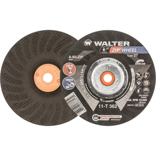 Spin-On Zipcut Right Angle Grinder Reinforced Cut-Off Wheels, 6" x 7/8", 5/8"-11 Arbor, Type 27, Aluminum Oxide, 10200 RPM - Walter Surface Technologies 11T362