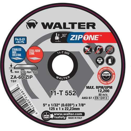 Meule &agrave; tronçonner Zip One, 5" x 1/32", Arbre de 7/8", Type 1, Alumine de zirconium, 12 200 Tr/min - Walter Technologies Pour Surface 11T552