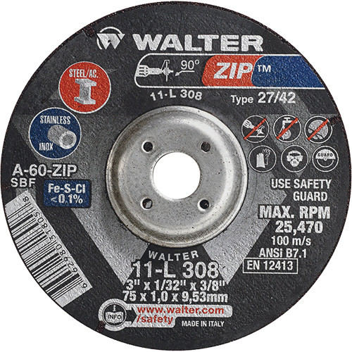 Zip Cutting and Grinding Wheel, 3" x 1/13", 3/8" Arbor, Type 27, 60 Grit, Aluminum Oxide - Walter Surface Technologies 11L308