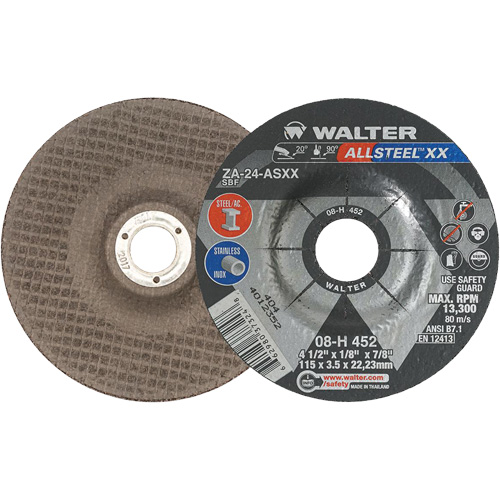 Meules &agrave; moyeu d&eacute;port&eacute; ALLSTEEL XX, 4-1/2" x 1/8", Arbre de 7/8", Type 27, Alumine de zirconium, 13 300 Tr/min - Walter Technologies Pour Surface 08H452