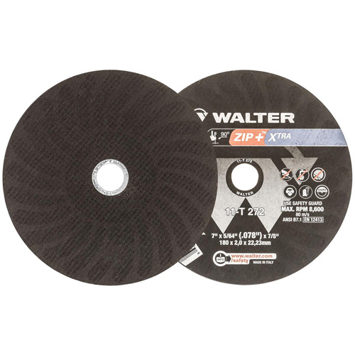 Zip+Xtra Heavy-Duty Cut-Off Wheel, 7" x 5/64", 7/8" Arbor, Type 1, Aluminum Oxide, 8600 RPM - Walter Surface Technologies 11T272