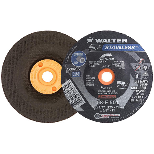 STAINLESS Grinding Wheel, 5" x 1/4", 5/8"-11 Arbor, Aluminum Oxide, Type 28S - Walter Surface Technologies 08F501