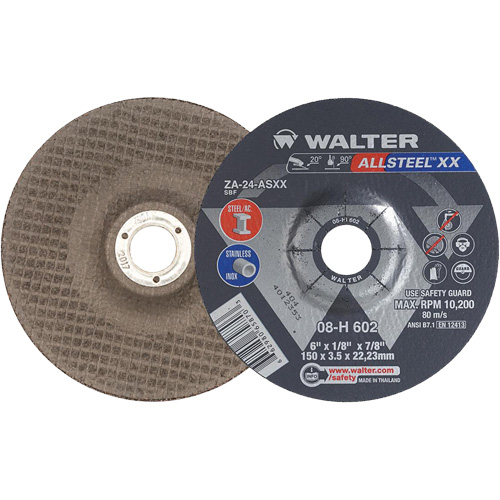 Meules &agrave; moyeu d&eacute;port&eacute; ALLSTEEL XX, 6" x 1/8", Arbre de 7/8", Type 27, Alumine de zirconium, 10 200 Tr/min - Walter Technologies Pour Surface 08H602