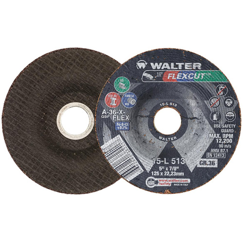Meule FLEXCUT, 5", 36 Grain, Oxyde d'aluminium, 7/8", 12 200 Tr/min, Type 29 - Walter Technologies Pour Surface 15L513