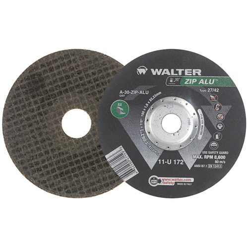 Meule &agrave; tronçonner Zip Alu, 7" x 1/16", Arbre de 7/8", Type 27, Oxyde d'aluminium, 8600 Tr/min - Walter Technologies Pour Surface 11U172