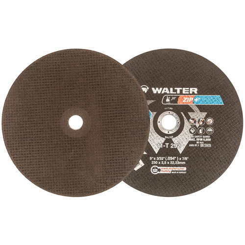 Meule &agrave; tronçonner pour usage intensif Zip+Xtra, 9" x 3/32", Arbre de 7/8", Type 1, Oxyde d'aluminium, 6600 Tr/min - Walter Technologies Pour Surface 11T292