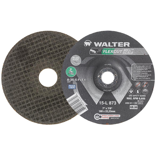 FLEXCUT MILL SCALE Grinding Wheel, 7", 36 Grit, Aluminum Oxide, 7/8", 8600 RPM, Type 29 - Walter Surface Technologies 15L873
