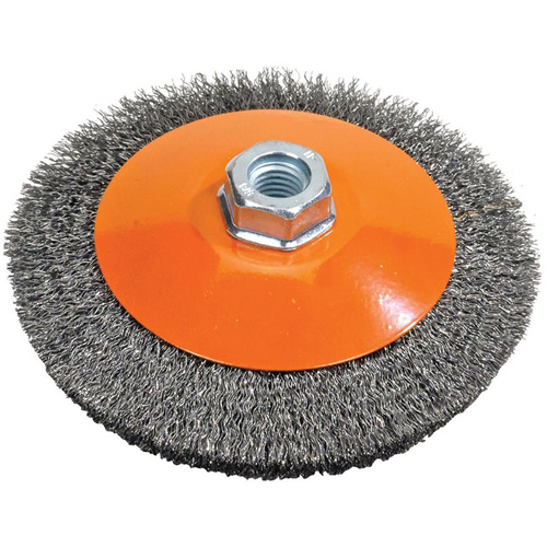 Saucer Crimped Wire Wheel, 5" Dia., 0.012" Fill, 5/8"-11 Arbor - Walter Surface Technologies 13H554