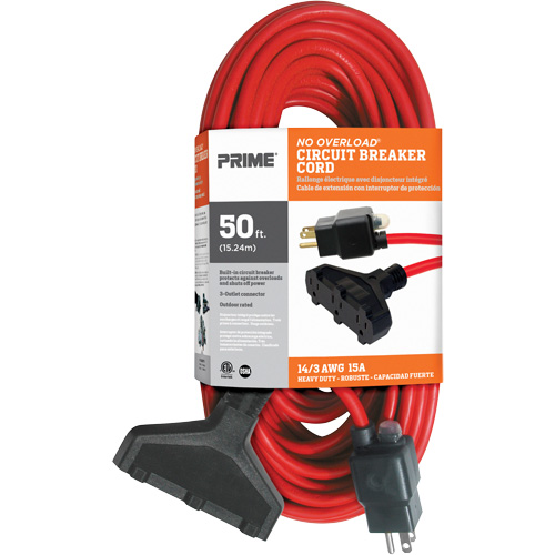 Vinyl Extension Cord, Outdoor, SJTW, 14/3 AWG, 15 A, 3 Outlet(s), 50' - Prime CB614730