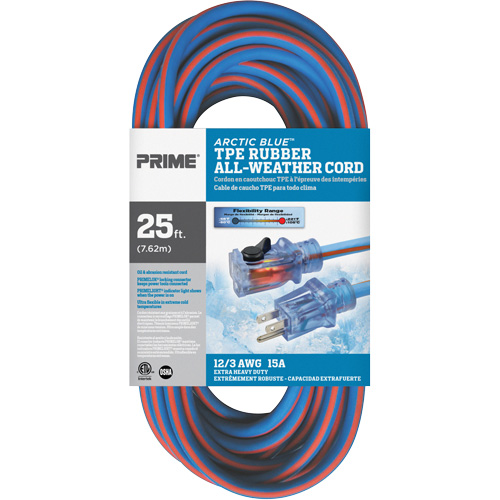 Arctic Blue TPE-Rubber Locking Extension Cord, All-Weather, SJEOW, 12/3 AWG, 15 A, 25' - Prime LT530825