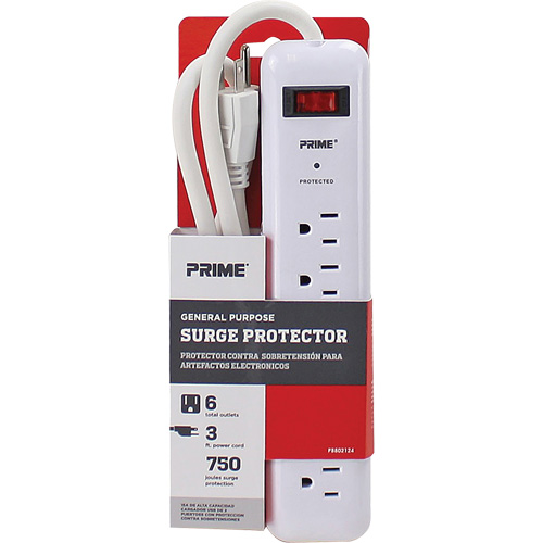 Surge Protector, 6 Outlets, 750 J, 1875, 3' Cord - Prime PB802124