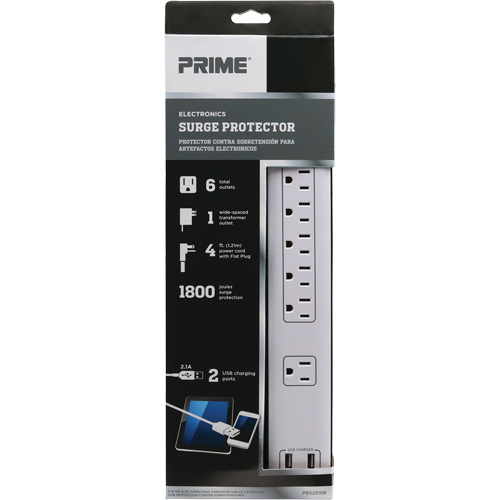 Limiteurs de surtension avec chargeur USB, 6 Prises, 1800 J, 1875 W, Cordon 4' - Prime PB525106