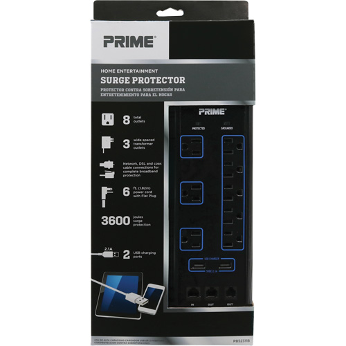 Limiteurs de surtension avec chargeur USB, 8 Prises, 3600 J, 1875 W, Cordon 6' - Prime PB523118