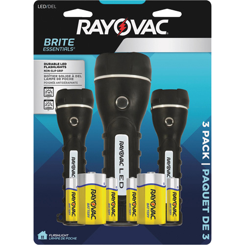 Ensemble de lampes de poche robustes caoutchout&eacute;es Brite Essentials, DEL, 40/26 lumens, Piles D/AA - Rayovac BER2AA2D-B3TA