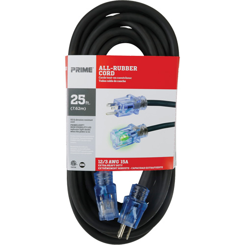 All-Rubber Extension Cord, Outdoor, SJOOW, 12/3 AWG, 15 A, 25' - Prime SEEC732825