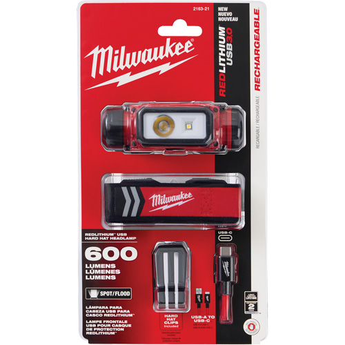 Lampe frontale pour casque de s&eacute;curit&eacute; USB REDLITHIUM, DEL, 600 lumens, 5 hres de fonctionnement, piles Rechargeable - Milwaukee 2163-21