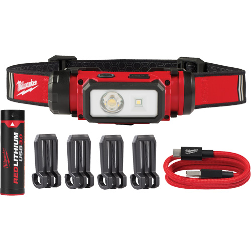 Lampe frontale pour casque de s&eacute;curit&eacute; USB REDLITHIUM, DEL, 600 lumens, 5 hres de fonctionnement, piles Rechargeable - Milwaukee 2163-21