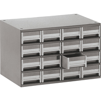 Modular Parts Cabinets, Steel, 16 Drawers, 17" x 10-9/16" x 2-1/8", Grey - Akro-Mils A19416M