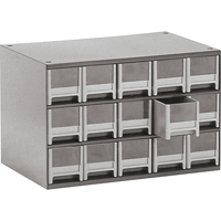 Modular Parts Cabinets, Steel, 15 Drawers, 17" x 10-9/16" x 3-1/16", Grey - Akro-Mils A19715M