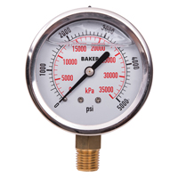 Pressure Gauges, 2-1/2" , 0-5000 psi/0-35,000 kPa, Bottom Mount, Liquid Filled Analogue - Baker AVNC-5000P