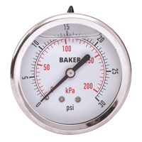 Pressure Gauges, 2-1/2" , 0-30 psi/ 0-200 kPa, Back Mount, Liquid Filled Analogue - Baker AHNC-30P