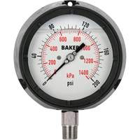 Pressure Gauge, 4-1/2" , 0 - 200 psi/0 - 1400 kPa, Bottom Mount, Liquid Filled Analogue - Baker LF45-200P-1/4