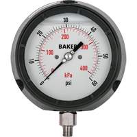 Manom&egrave;tre,  4-1/2", 30" 0 Hg Vac, Fixation inf&eacute;rieure, Analogique rempli de liquide - Baker LF45-30HG-1/2