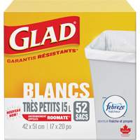 Tr&egrave;s petits sacs &agrave; ordures 15 L avec Febreze, R&eacute;gulier, 17" la x 20" lo, Blanc - Glad 67489102991