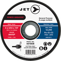 A60GP Power Abrasive Cut Off Wheel, 5" x 0.045"/3/64", 7/8" Arbor, Type 1/F41, 12000 RPM - JET 501808