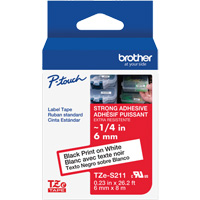 Ruban lamin&eacute; tr&egrave;s-r&eacute;sistant pour &eacute;tiqueteuses P-Touch, 6 mm x 8 m, Noir sur blanc - Brother TZES211G