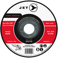 POWER ABRASIVE&reg; Grinding Wheel, 5" x 1/4", 7/8" Arbor, Type 27 - JET 500720