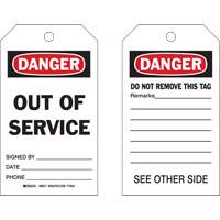 &eacute;tiquettes  Out Of Service  autoplastifiantes, Polyester, 4" la x 7" h, Anglais - Brady 86517