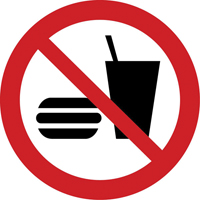 No Eating or Drinking ISO Prohibition Safety Labels, 4" x 4", Vinyl, Pictogram - Accuform NMC LSGP6684
