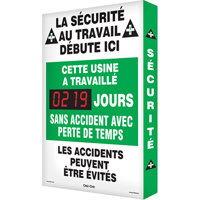 Jours sans accident Digi-Day&reg; 3 Electronic Signal Scoreboard, 28" x 20", Aluminum, French with Pictogram - Accuform NMC FRSCK113