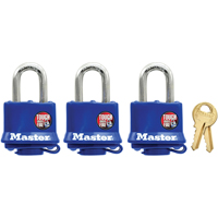 Cadenas r&eacute;sistant aux intemp&eacute;ries, Bleu, Cl&eacute;s identiques, Acier lamin&eacute;, Largeur de 1-9/16" - Master Lock 312TRI