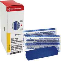 Pansements bleus d&eacute;tectables par d&eacute;tecteurs de m&eacute;taux, Rectangulaire/carr&eacute;e, 1", Tissu d&eacute;tectable, St&eacute;rile - First Aid Central 500011SC