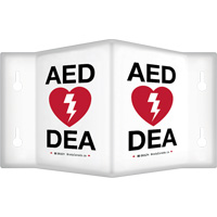 Enseigne &agrave; projection sur 90°  AED/ DEA , 9" x 6", Plastique, Bilingue avec pictogramme - Brady 178739