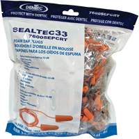 Bouchons d'oreilles coniques jetables en mousse de PU orange SEALTEC33, Vrac - Sac en poly, Avec cordon - Dentec 76005EPCRT