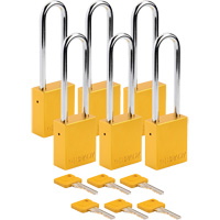 Velocity Safety Lockout Padlocks, Yellow, Keyed Alike, Aluminum, 1-1/2" Width - Brady SDAL-YLW-76ST-KA6