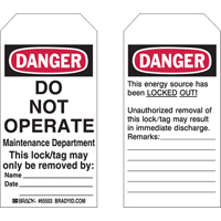 Lockout Tags, Plastic, 3" W x 5-1/2" H, English - Brady 65503