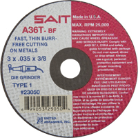 Meule &agrave; tronçonner (A36T), 3" x 0,035", Arbre de 3/8", Type 27, Oxyde d'aluminium, 25000 Tr/min - United Abrasives Inc. 23050