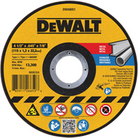 Meule de tronçonnage des m&eacute;taux, 4-1/2" x 0,045", Arbre 7/8", Oxyde d'aluminium, Type 1 - DEWALT DWA8051
