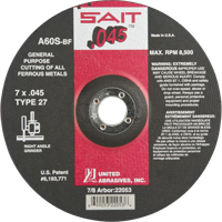 Depressed Center Cut-Off Wheel, 7" x 0.045", 7/8" Arbor, Type 27, Aluminum Oxide, 8500 RPM - United Abrasives Inc. 22053