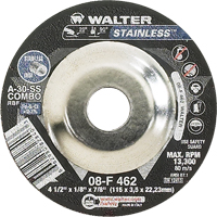 Meules &agrave; moyeu d&eacute;port&eacute; - Acier inoxydable type 27, 4-1/2" x 1/8", Arbre de 7/8", Type 27 - Walter Technologies Pour Surface 08F462