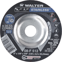 Meules &agrave; moyeu d&eacute;port&eacute; - Acier inoxydable type 27, 5" x 1/8", Arbre de 7/8", Type 27 - Walter Technologies Pour Surface 08F512